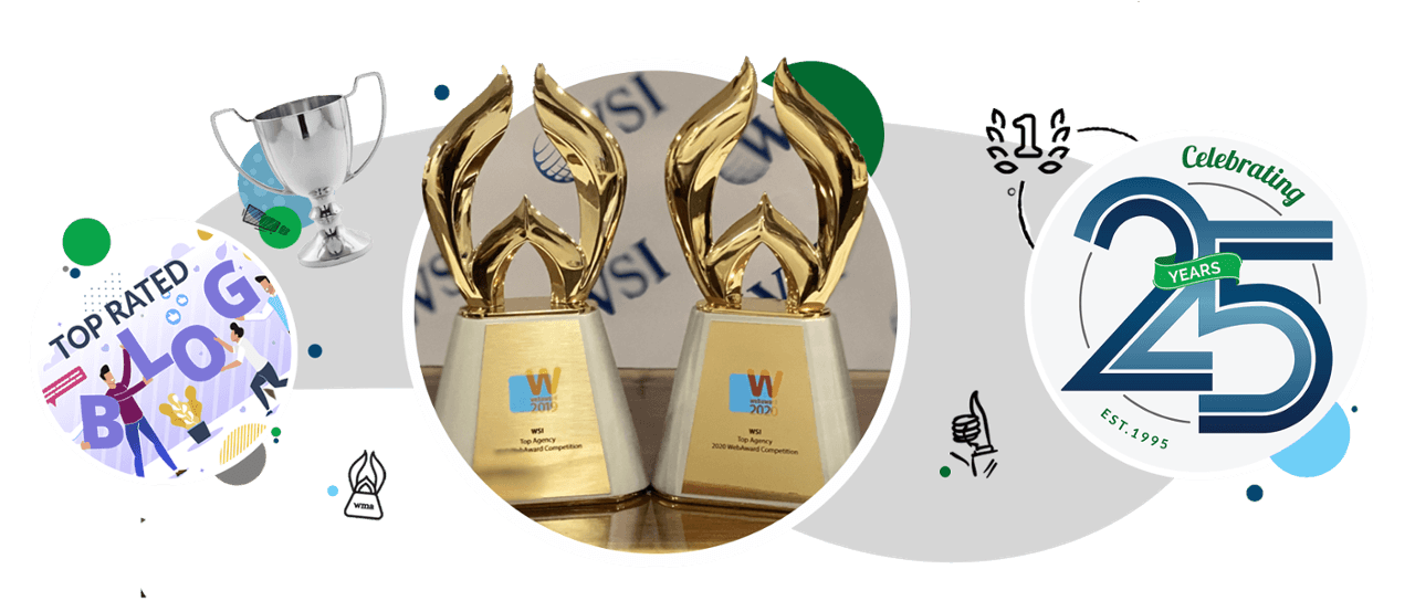 Collage de trofeos, logotipos de premios y un gráfico conmemorativo del 25 aniversario en dorado, azul y verde.