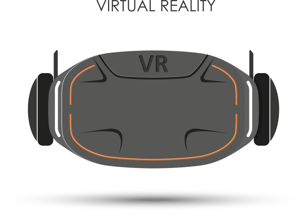 Ilustración de un casco de realidad virtual gris con detalles naranjas y auriculares laterales negros.