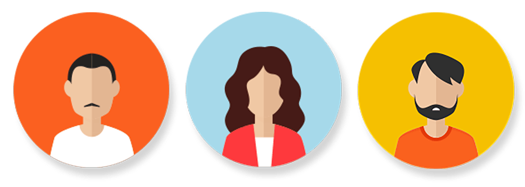 Tres avatares de perfil estilizados sobre fondos circulares de colores: naranja, azul y amarillo.