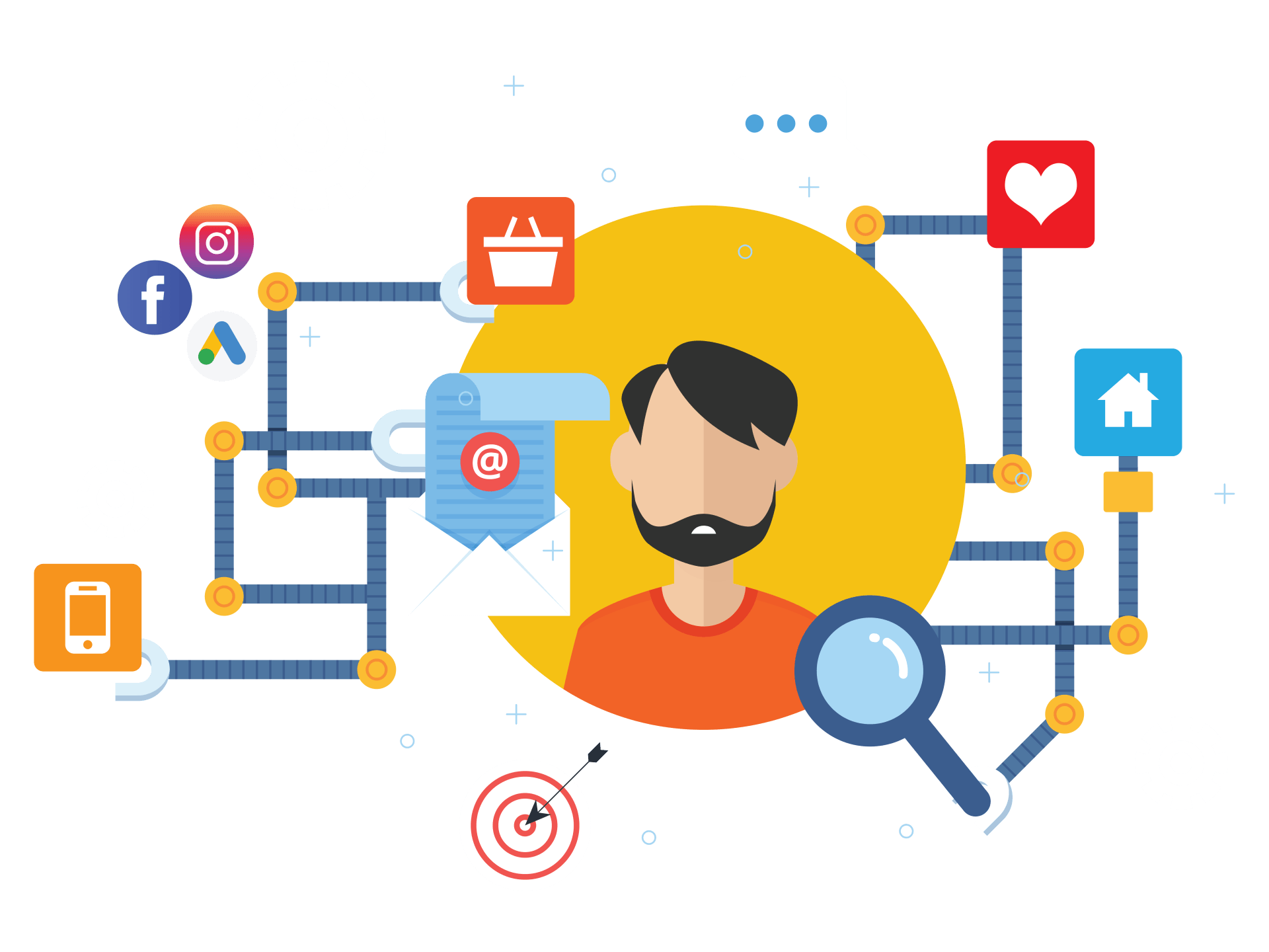 Concepto de marketing en redes sociales con el retrato de un hombre, iconos de aplicaciones y líneas de red conectadas.