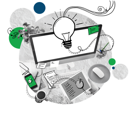 Ilustración de un espacio de trabajo creativo con ordenador portátil, bombilla, papeles y círculos decorativos verdes.