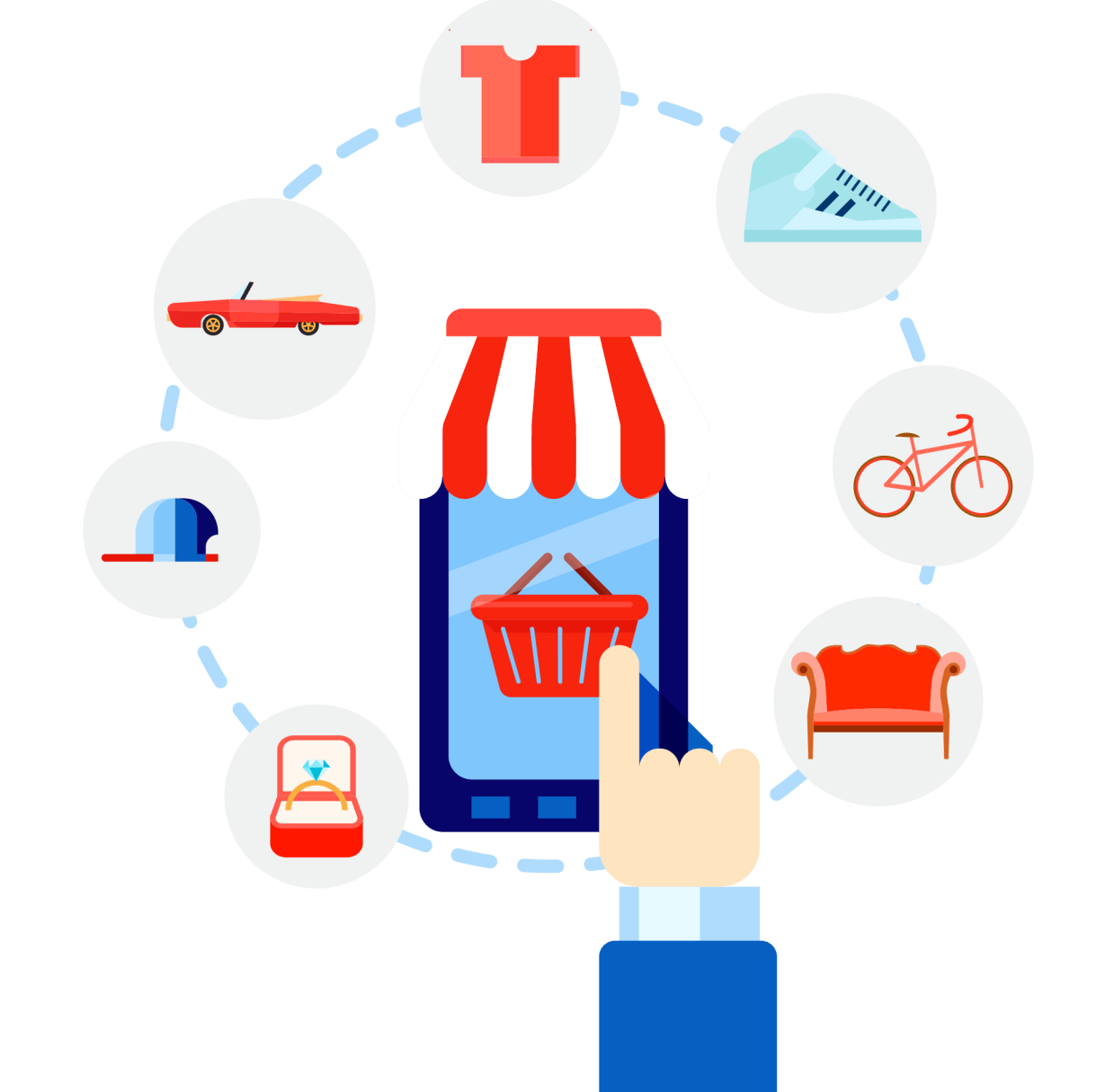 Gráfico de compras en línea con una tienda en línea desde un teléfono.