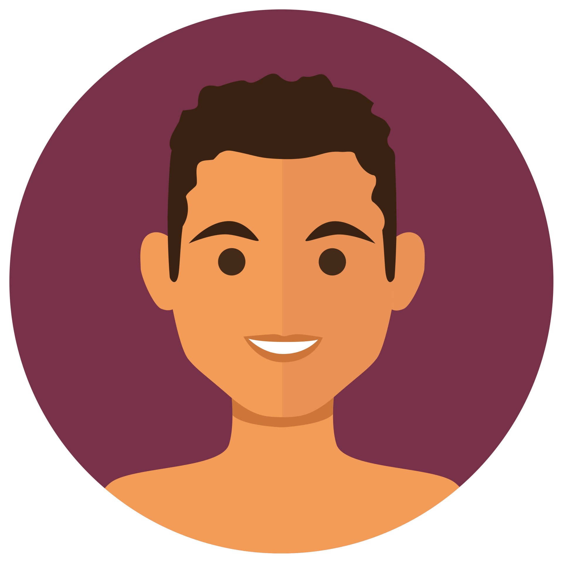 Avatar de dibujos animados sonriente sobre un fondo circular morado