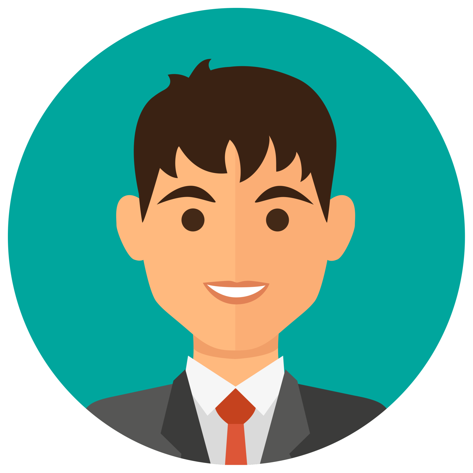 Icono de avatar sonriente con cabello oscuro, traje y corbata roja sobre un fondo verde azulado.