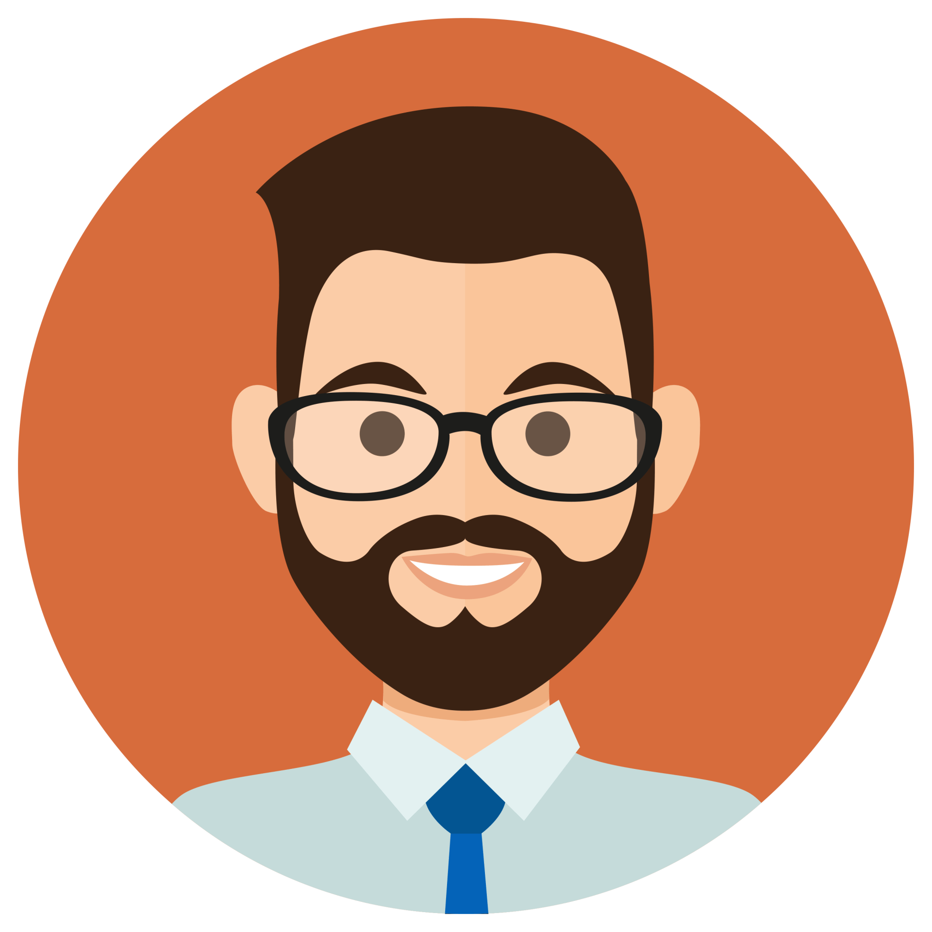 Avatar de dibujos animados sonriente con gafas, barba y corbata sobre un fondo naranja.