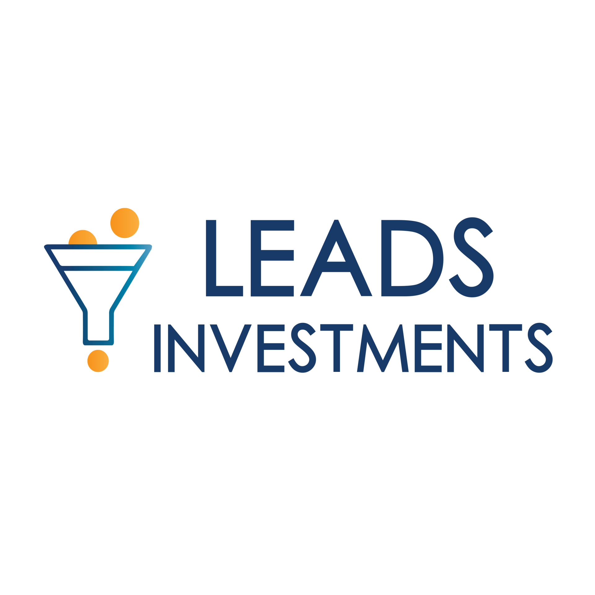 Logotipo de Leads Investments con un embudo azul y puntos naranjas sobre un fondo blanco.