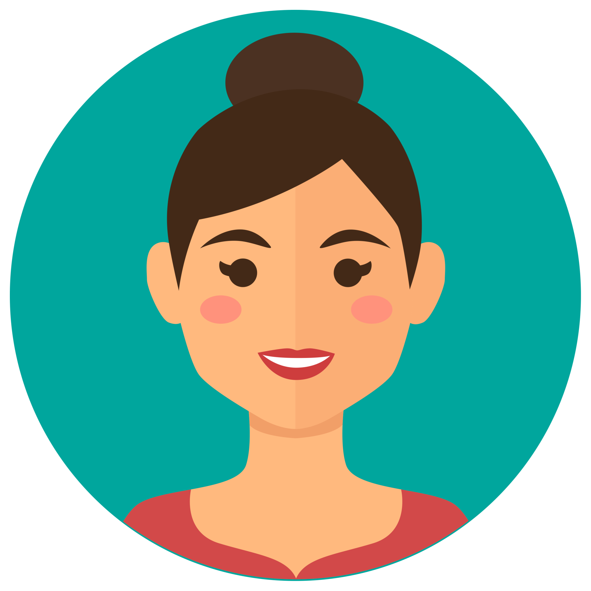 Avatar estilizado de una mujer sonriente con un moño de cabello oscuro sobre un fondo verde azulado.
