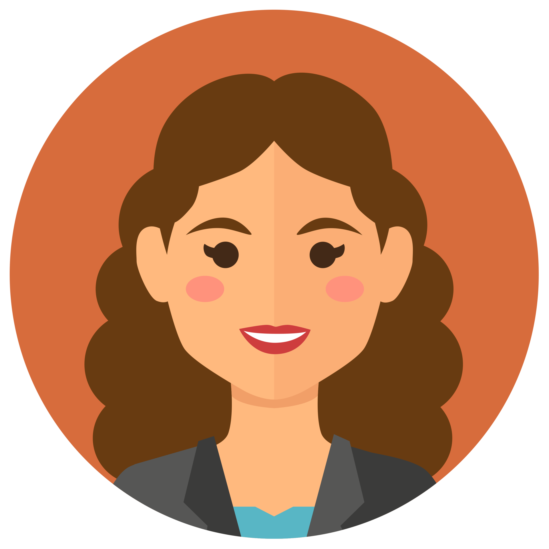 Mujer sonriente de dibujos animados con cabello castaño sobre un fondo circular naranja