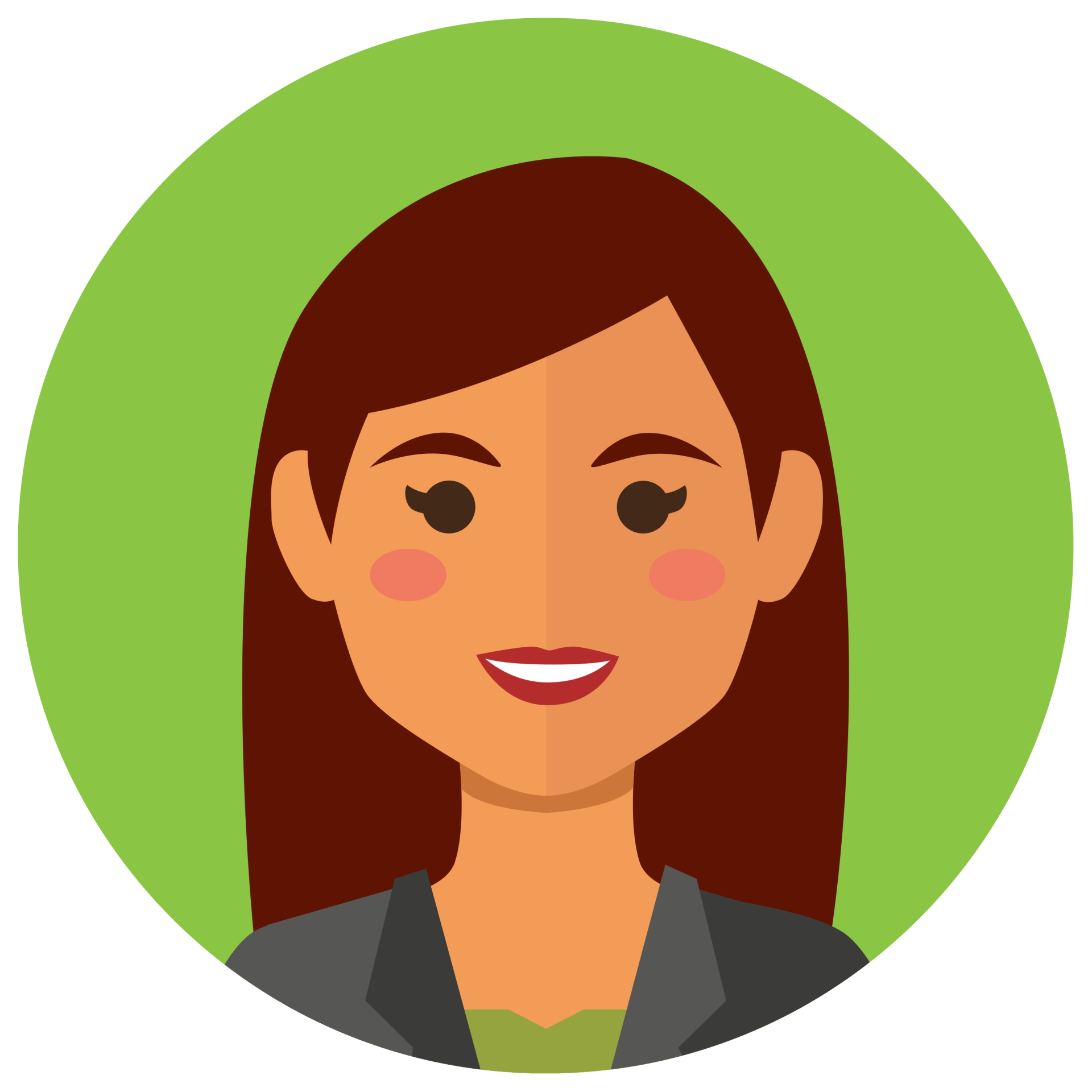 Mujer sonriente de dibujos animados con cabello castaño sobre un fondo circular verde