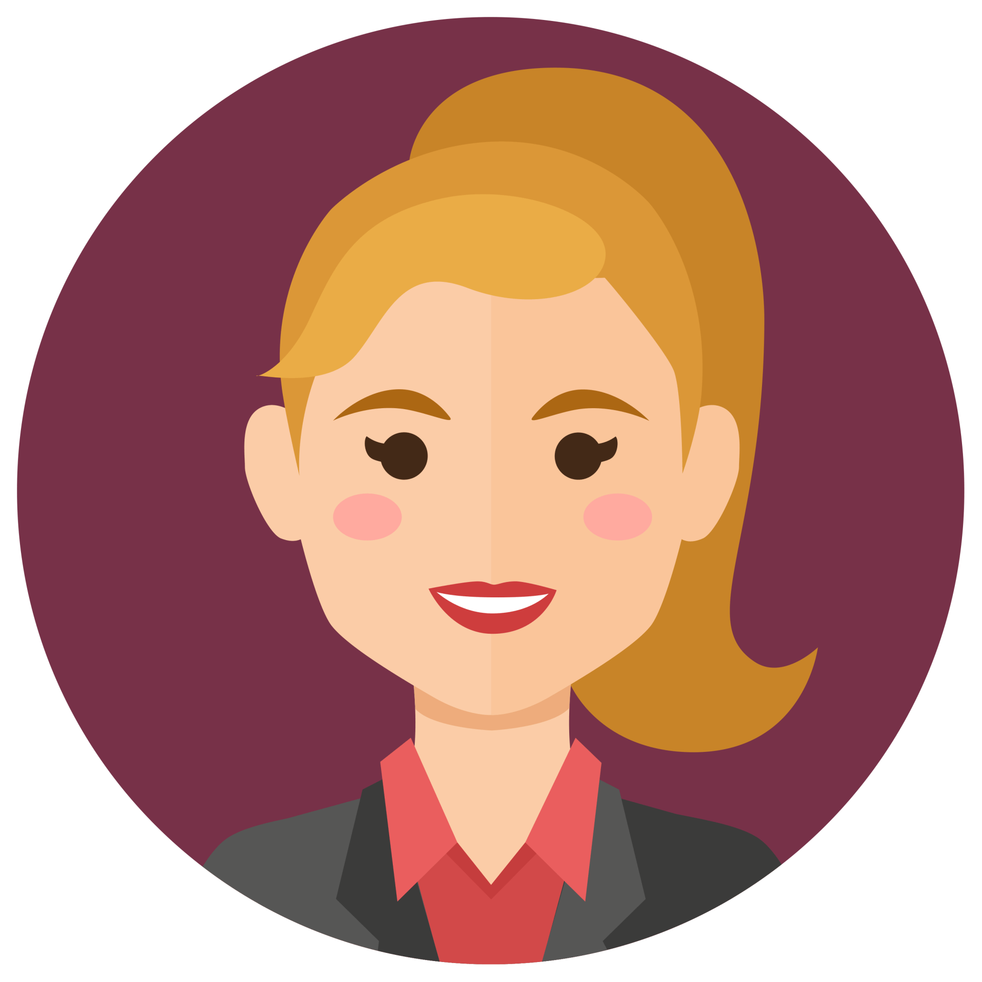 Ilustración de una mujer rubia sonriente con un blazer oscuro sobre un fondo circular morado.