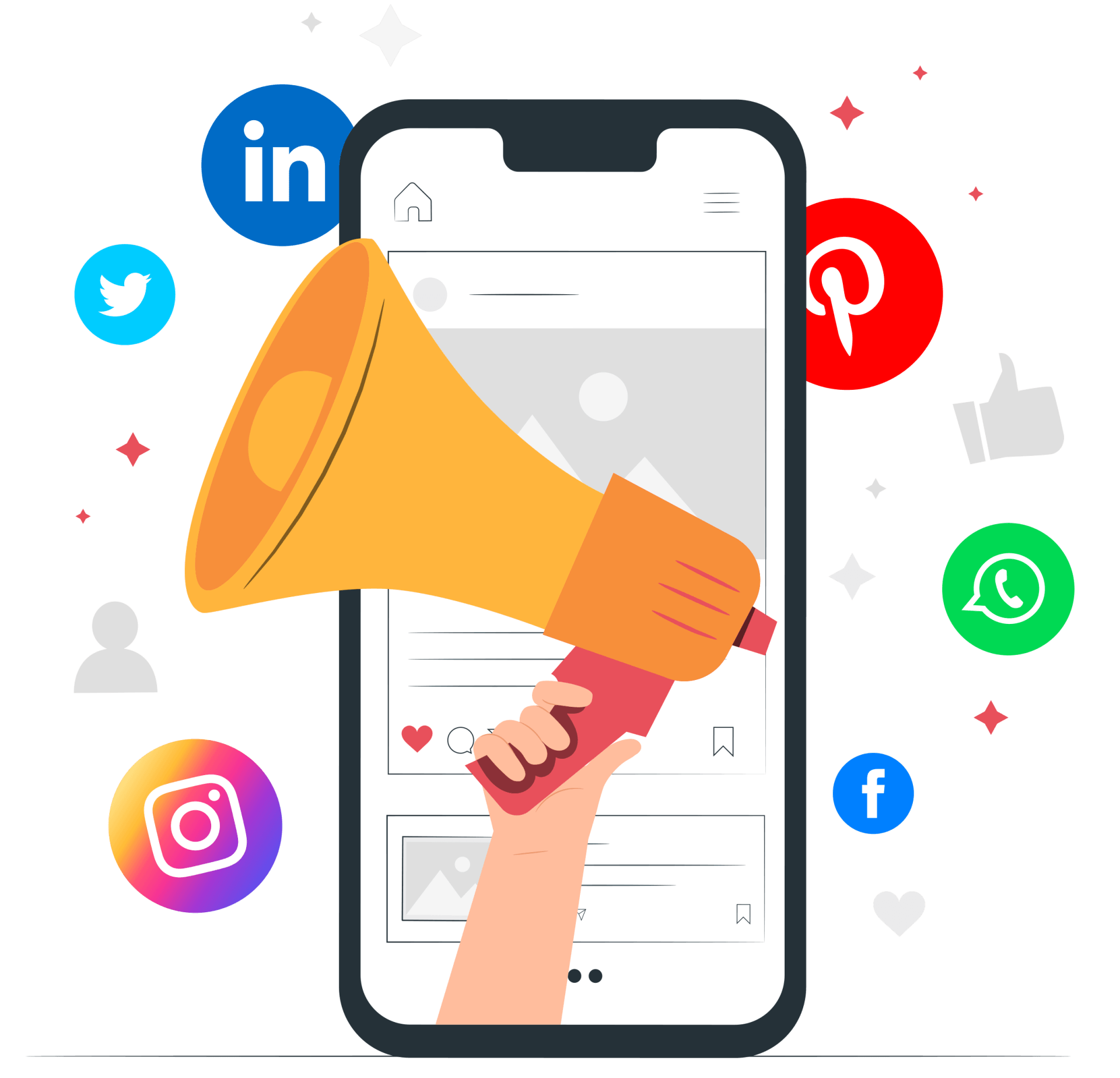 Una mano sostiene un megáfono frente a un teléfono inteligente con íconos de redes sociales a su alrededor.