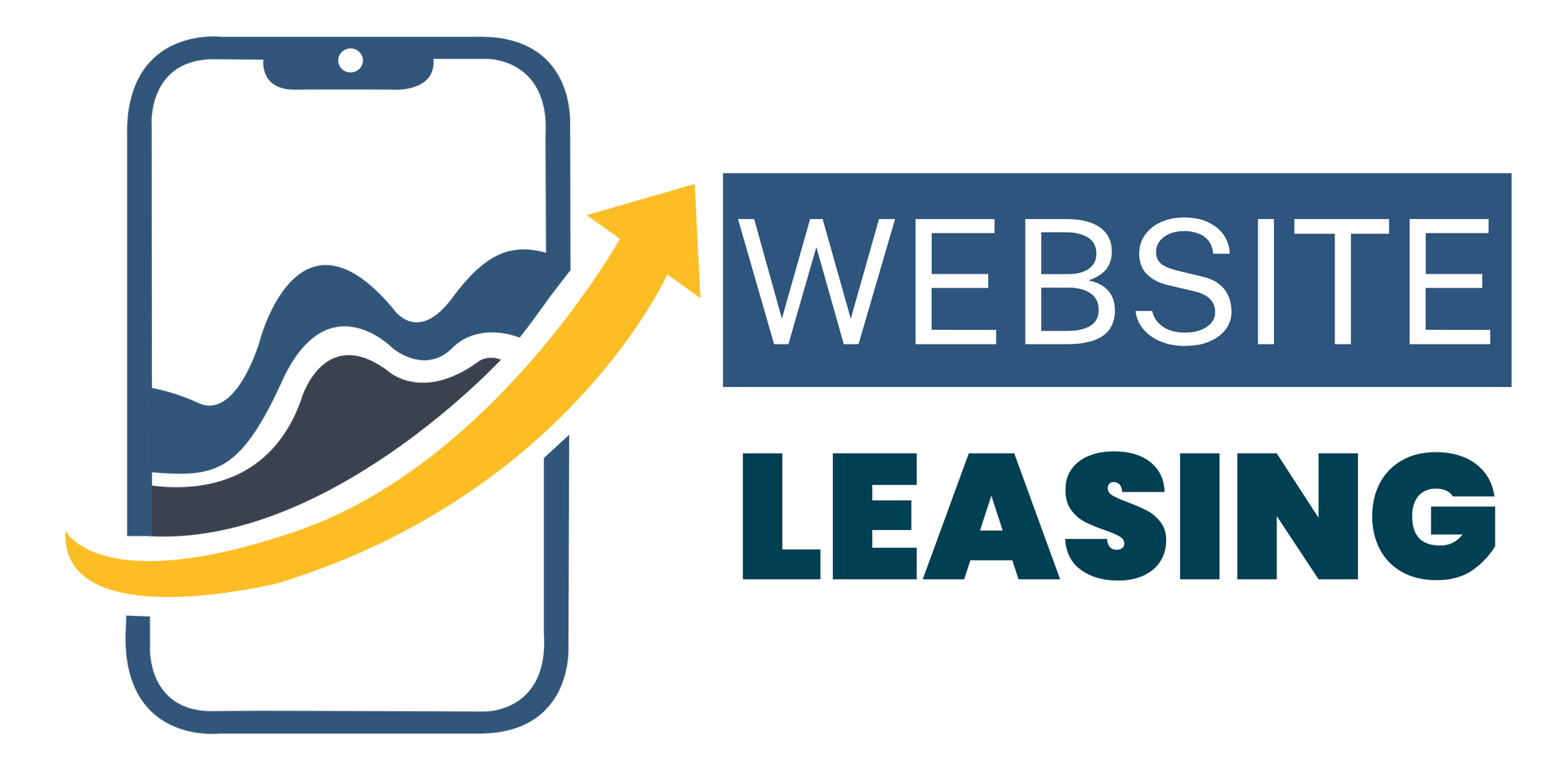 Logotipo de alquiler de sitio web con un icono de teléfono, una flecha amarilla hacia arriba y texto azul sobre fondo blanco.