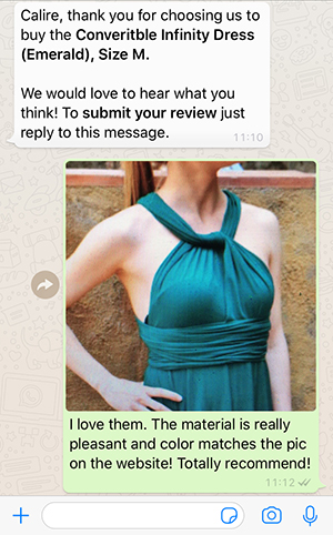 Vestido halter color verde azulado con cintura fruncida, mostrado en un mensaje de chat.