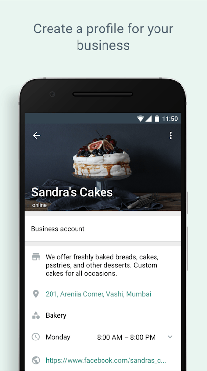 Pantalla de perfil comercial de “Sandra's Cakes” que muestra una foto del pastel, detalles del negocio, dirección y horario.