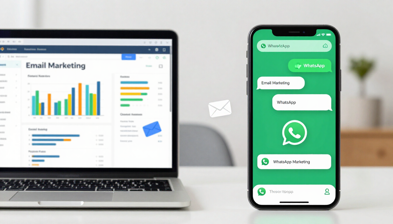 Laptop and phone showing email and WhatsApp chat icons side by side, comparing the two marketing cha