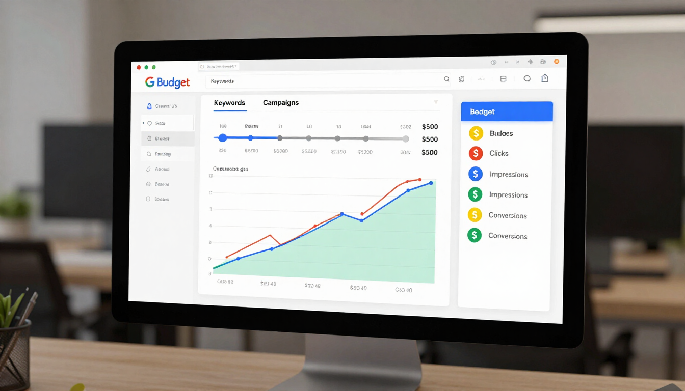 Laptop showing a budget and clicks dashboard with rising performance charts for Google Ads