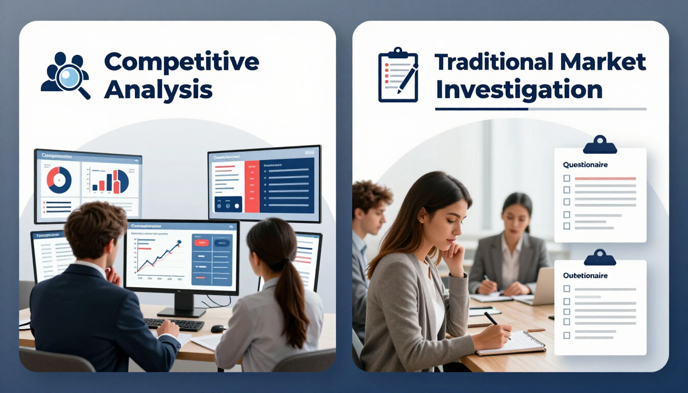 Split image comparing competitive analysis with AI dashboard and traditional market research questio