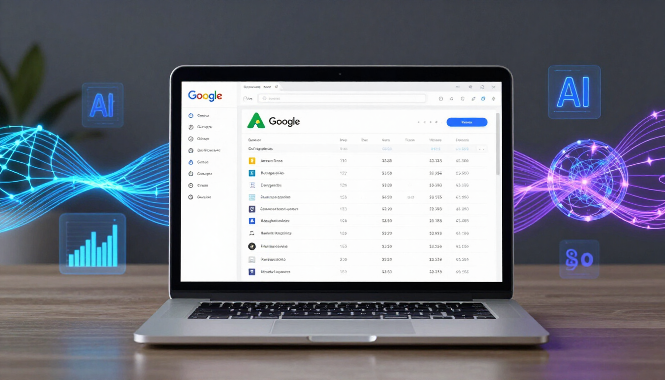 Laptop dashboard comparing AI-managed Google Ads performance versus 100% manual Google Ads managemen