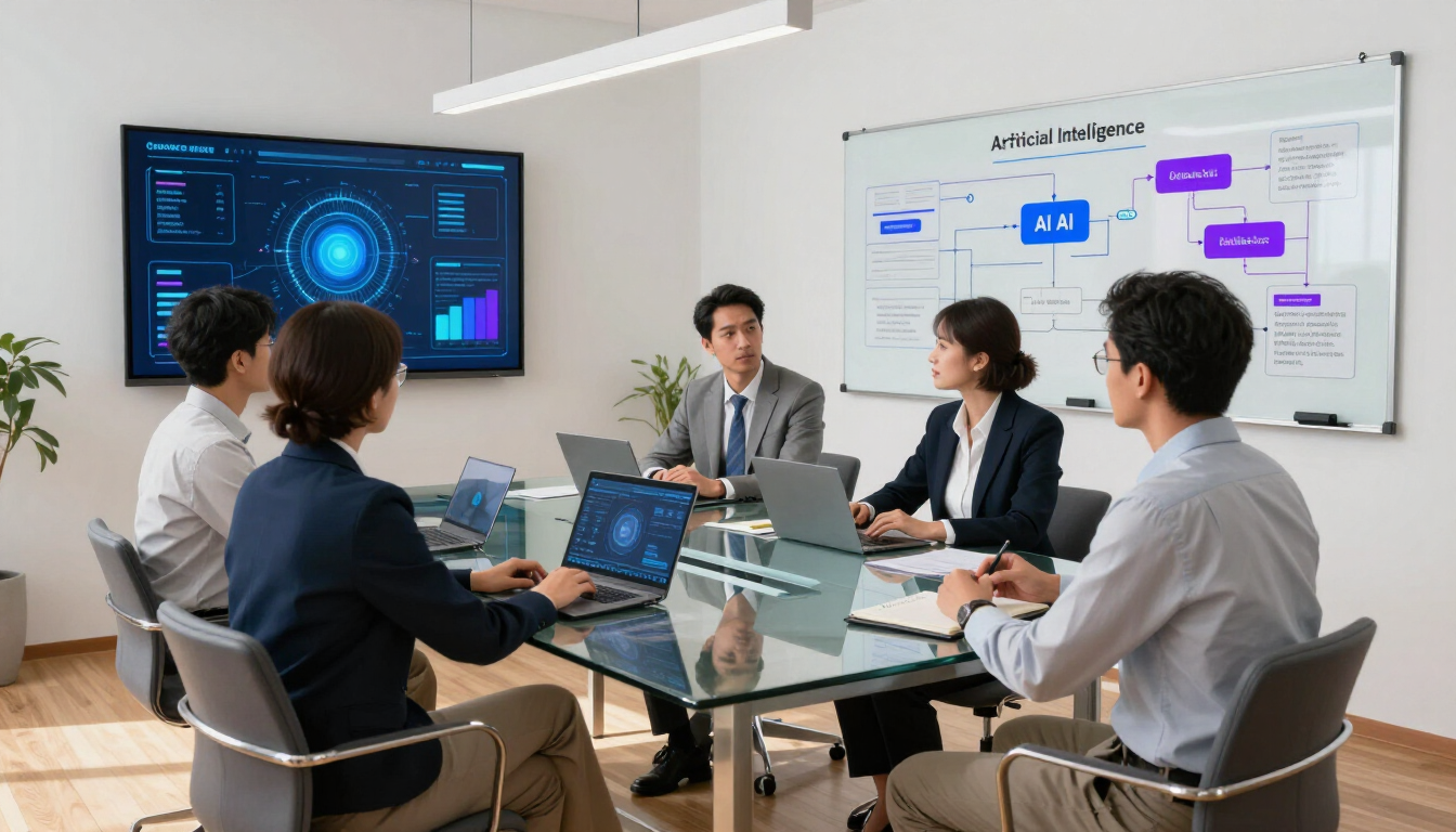 Business team having a consulting meeting in a modern office with a screen showing an AI diagram in 