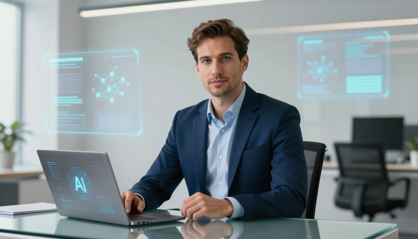 Businessman sitting at a desk with a laptop and a digital screen showing marketing analytics behind 