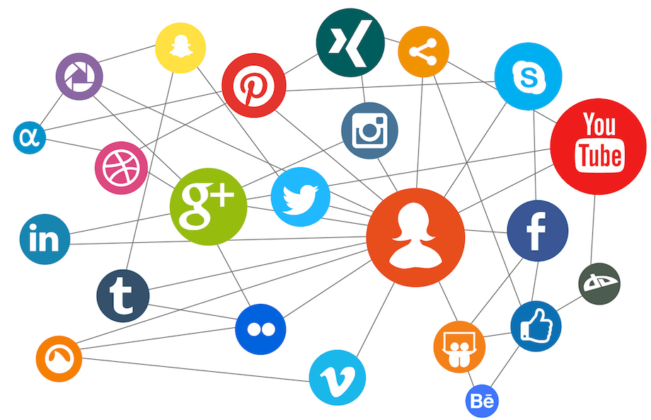 Red de coloridos iconos de redes sociales unidos por líneas grises sobre un fondo blanco.