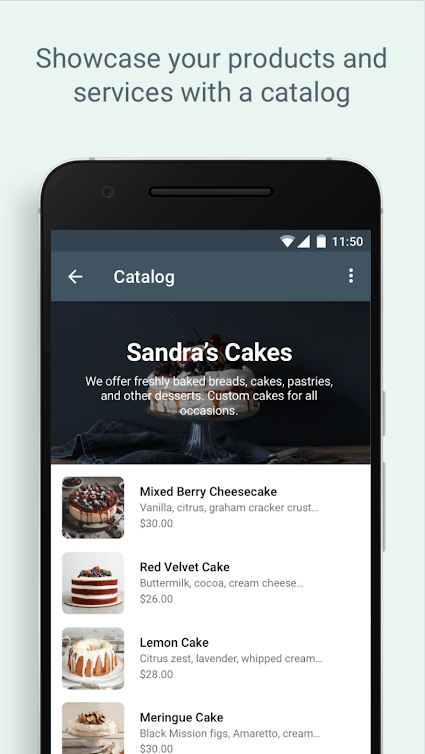 Pantalla del teléfono que muestra un catálogo de la pastelería “Sandra's Cakes” con listados de pasteles y fotos.