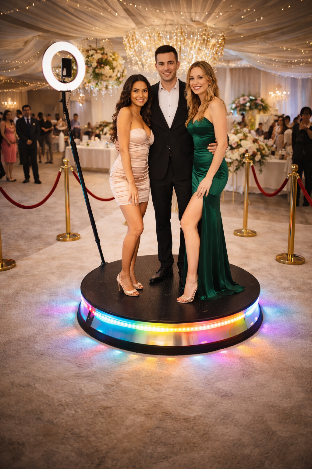 Three people pose on a spinning photo booth platform at an event. 