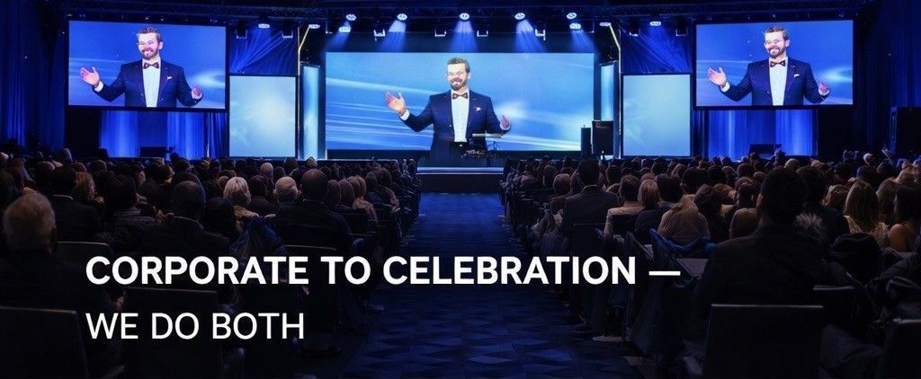Audience at an event; presenter on stage with screens; blue lighting; text reads: “Corporate to Celebration – We do both”.