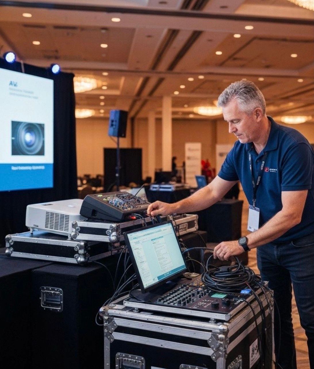 Technician adjusting audio equipment beside a presentation screen in a conference hall