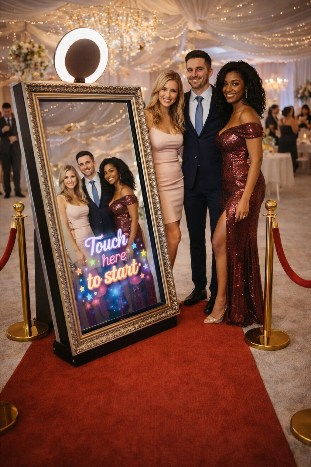 Group poses by a photo booth mirror at a formal event; red carpet, gold accents, sparkling gowns.