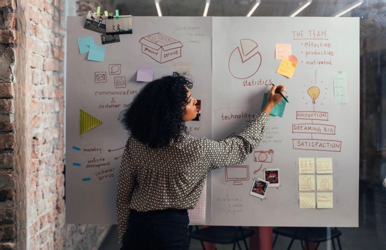 Person writing on a whiteboard covered with sketches, notes, and sticky notes in a workspace