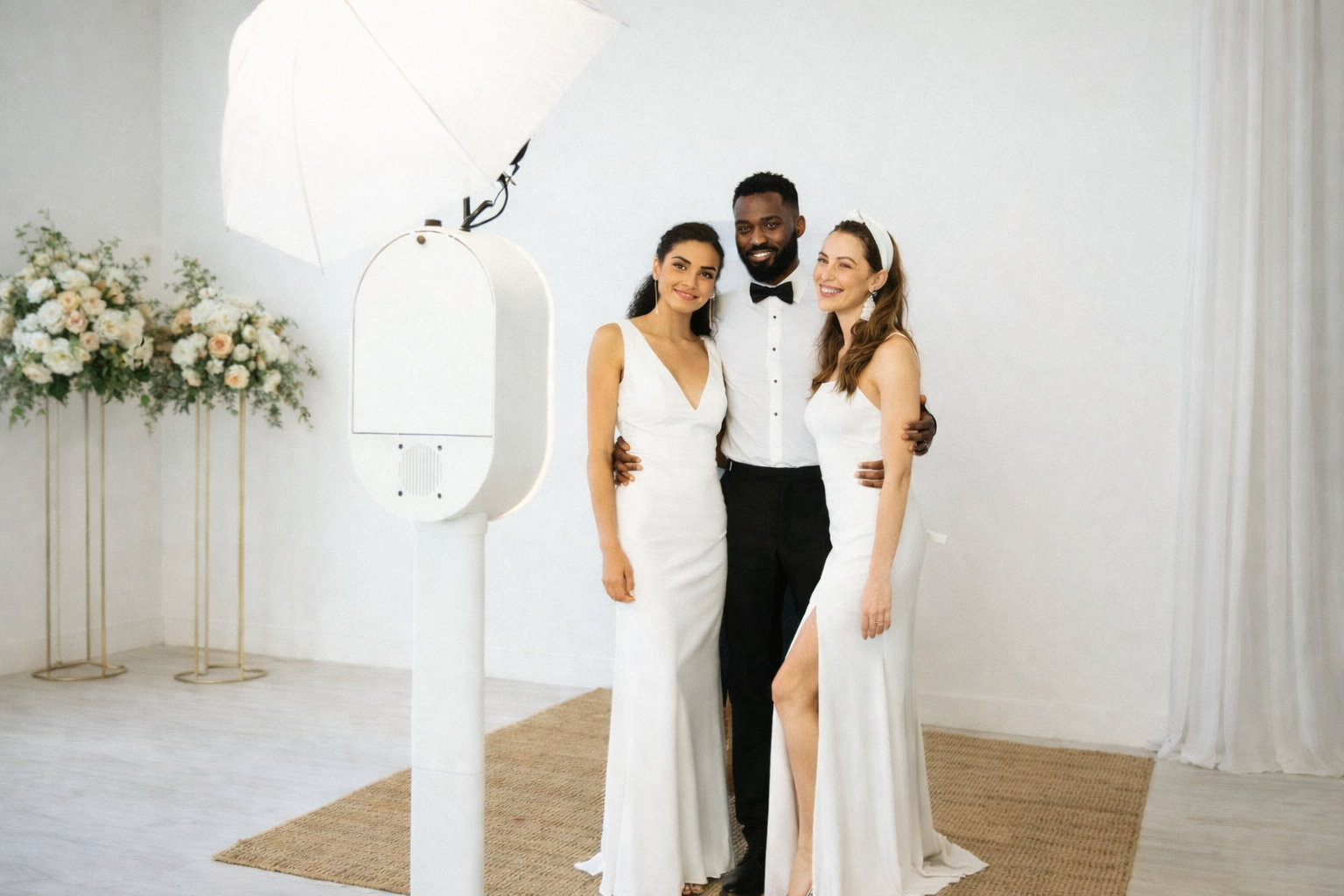 Three people smiling next to a photo booth. Two in white dresses, one in a tuxedo. Well lit, white background.