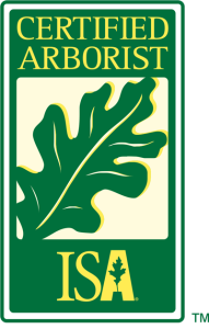 Certified Arborist logo with green text and oak leaf, ISA symbol.