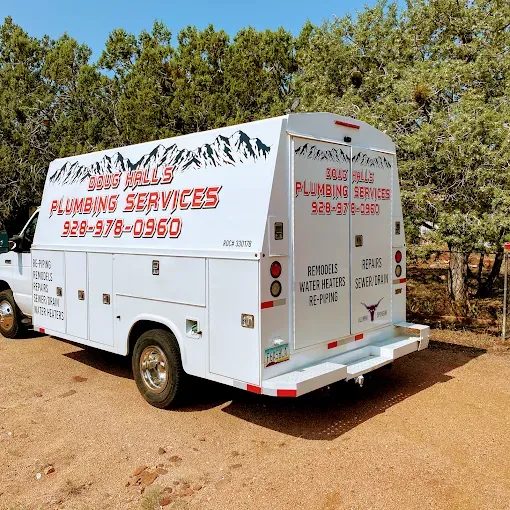 White plumbing service truck with text and mountain graphic parked outdoors.