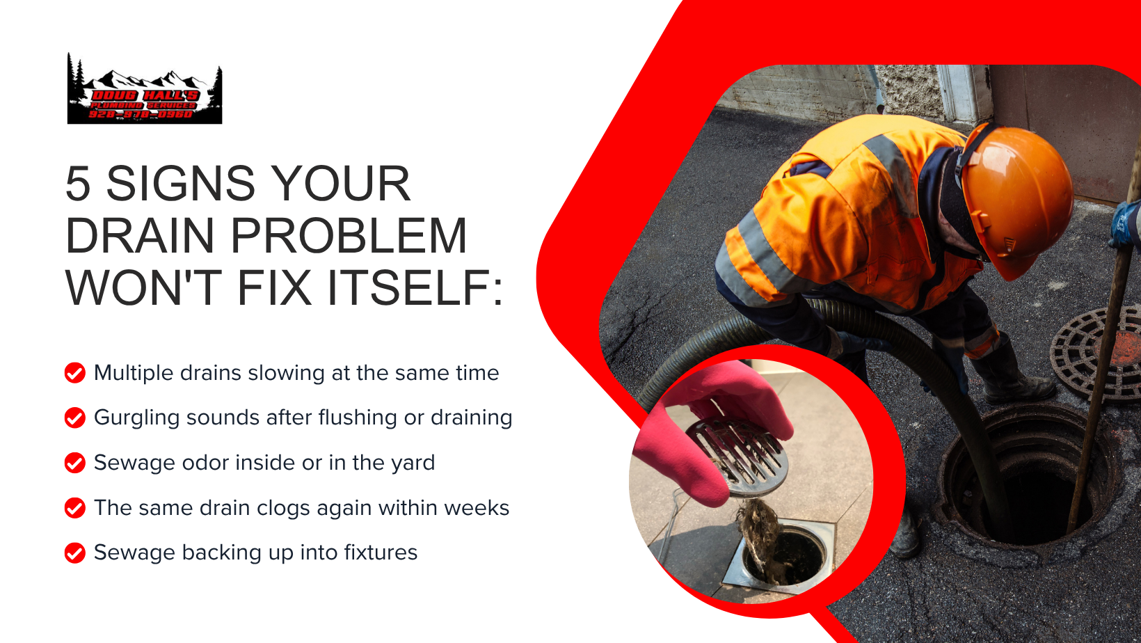 Worker inspecting a storm drain beside text: “5 signs your drain problem won’t fix itself.”