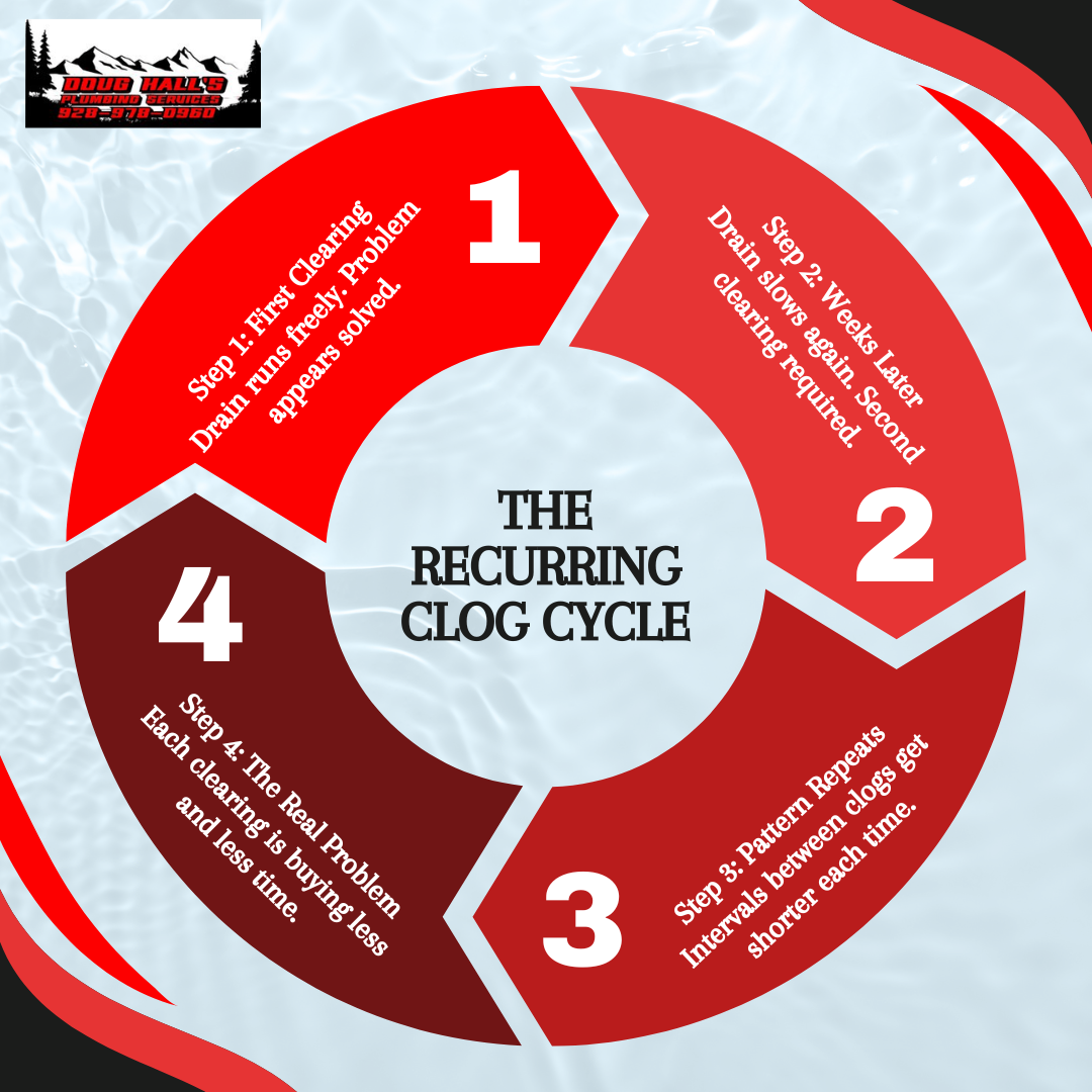 Red circular infographic titled “The Recurring Clog Cycle” with four numbered steps in white and dark red segments