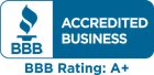 BBB Accredited Business badge with A+ rating in blue and white.