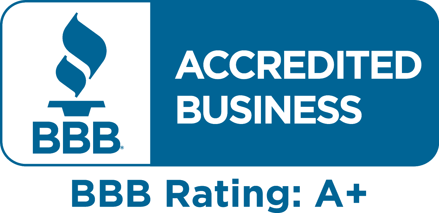 BBB Accredited Business badge with A+ rating in blue and white.