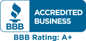 BBB Accredited Business badge with A+ rating in blue and white.