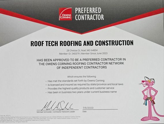 Roof Tech Roofing and Construction contractor certificate with red logo and pink panther mascot
