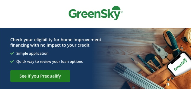 GreenSky banner for home improvement financing with green button and toolbox on wooden table