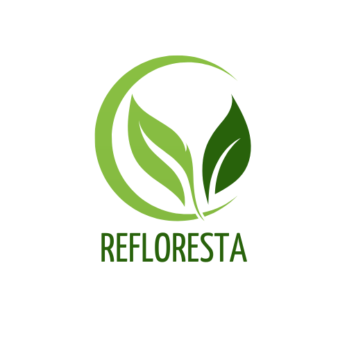 Um logotipo de uma empresa chamada refloresta com duas folhas verdes em círculo.