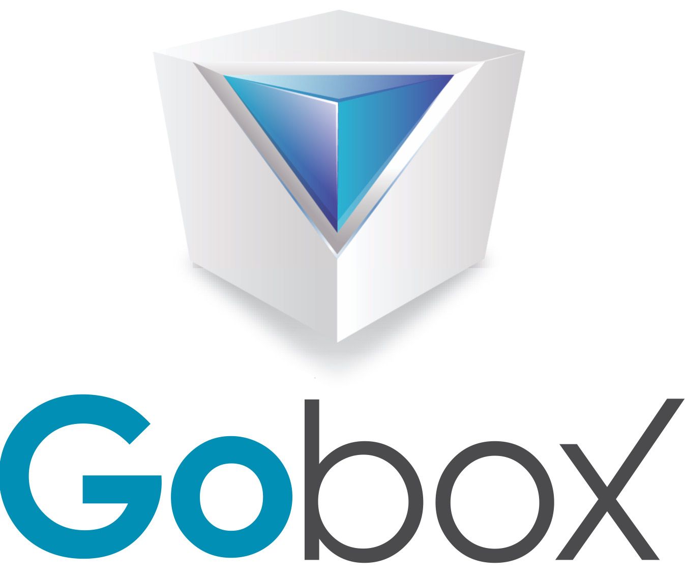 Um logotipo gobox com um triângulo azul no meio