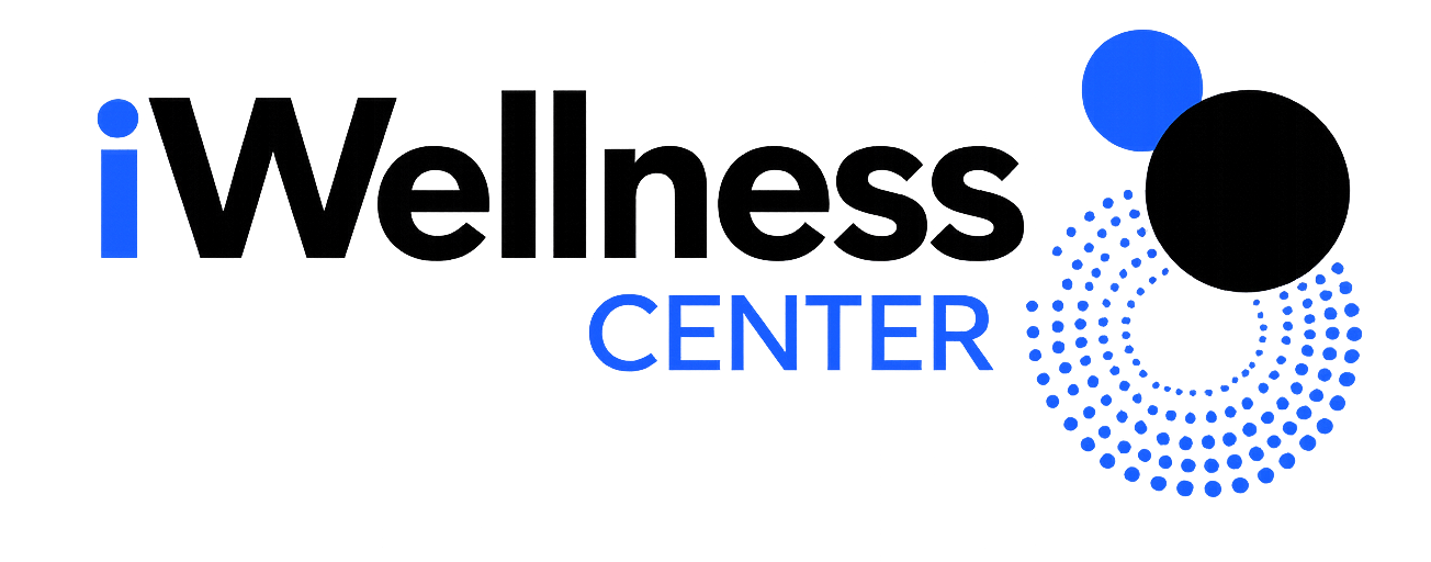 A logo for a wellness center with a black circle and blue circles.