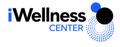 A logo for a wellness center with a black circle and blue circles.