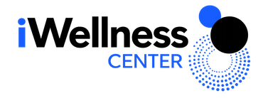 A logo for a wellness center with a black circle and blue circles.