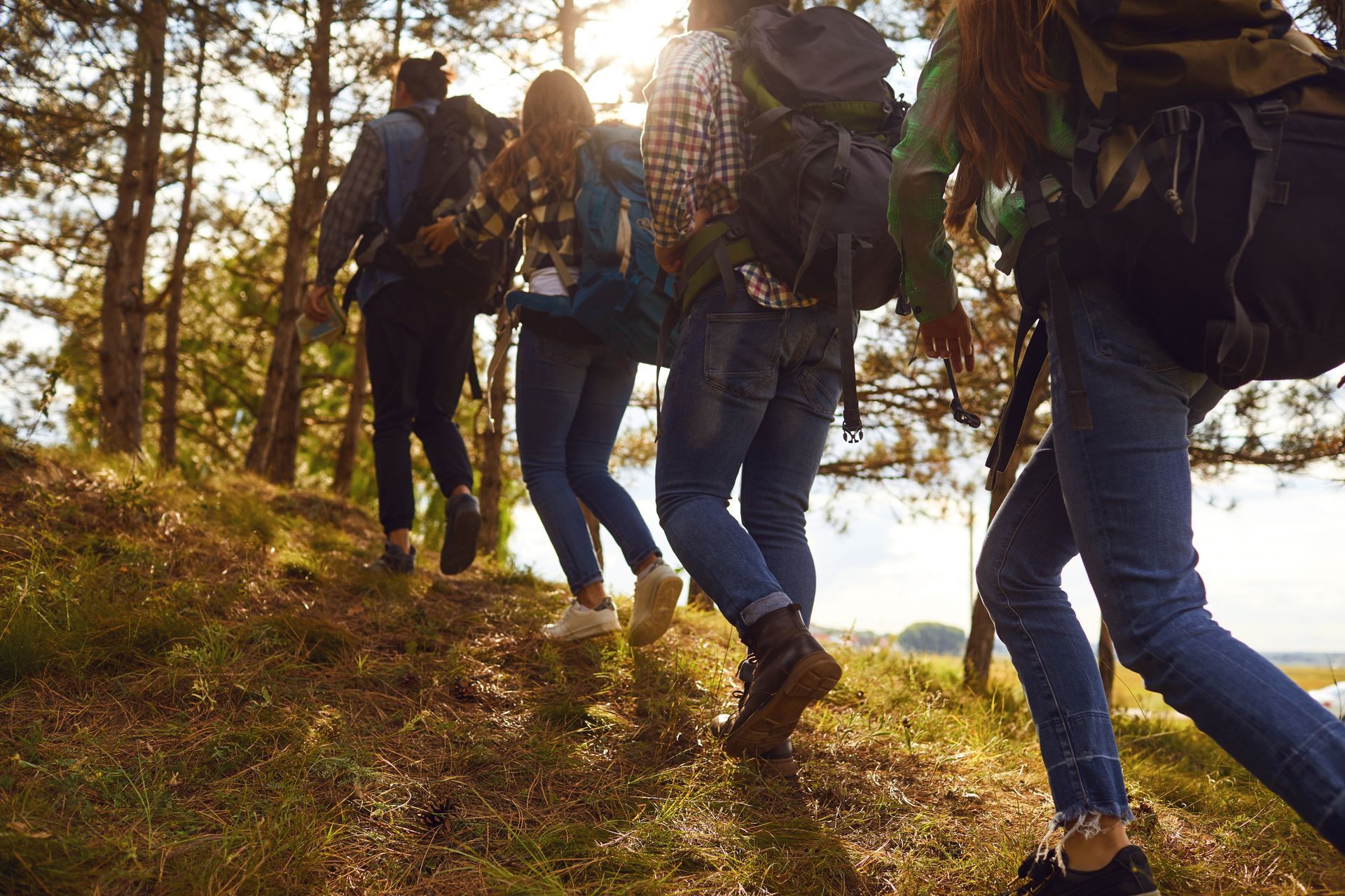 A group of people with backpacks are hiking up a hill.