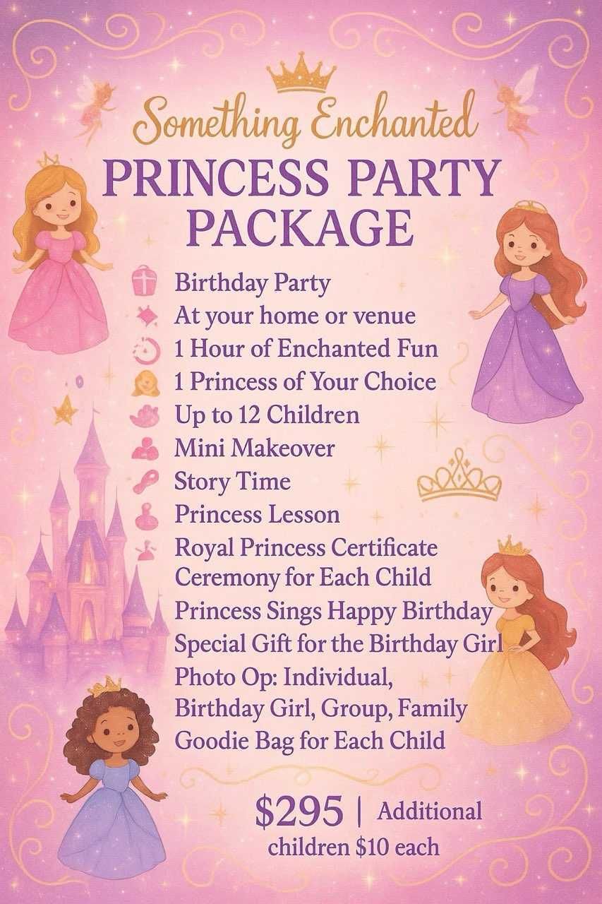 Princess party package advertisement with illustrations of princesses, a castle, and details including party elements and pricing.