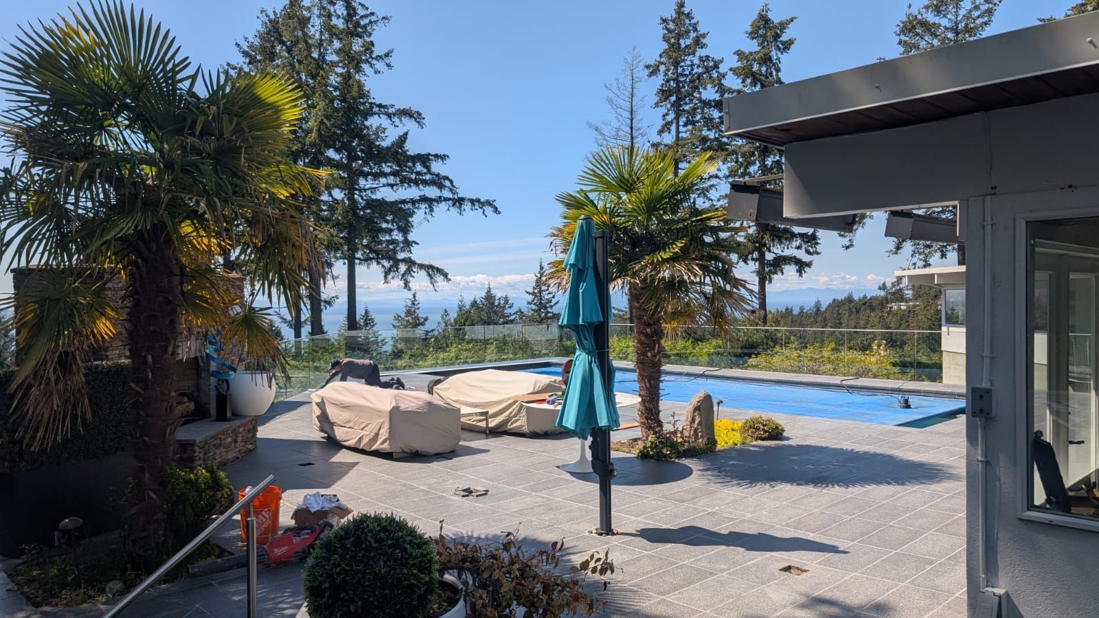 Sunny backyard patio with pool, umbrella, lounge chairs, and ocean view beyond palm trees