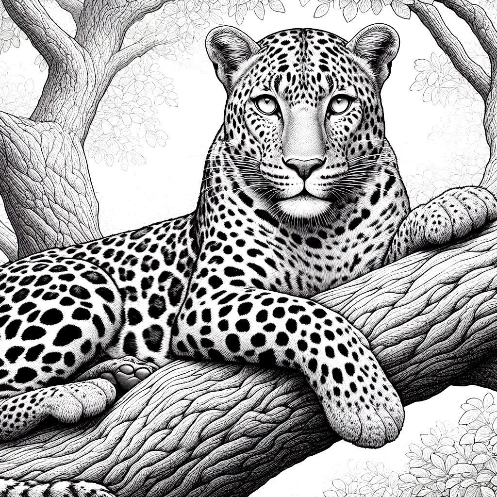 African leopard in a tree coloring page